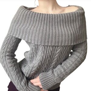 Jeanne Pierre Women Medium Gray Off the Shoulder Cable Knit Shirt Casual Y2K